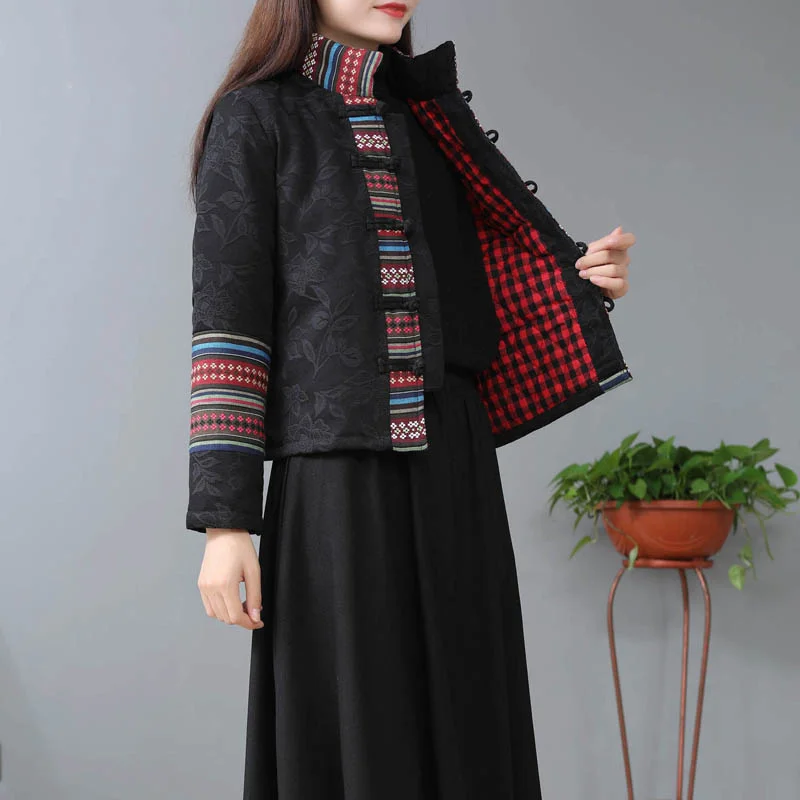 Traditional Tang Suit Stand Collar Autumn Winter Ethnic Style Women's Cotton Linen Coat Clothes Long Sleeve Padded Jacket Female