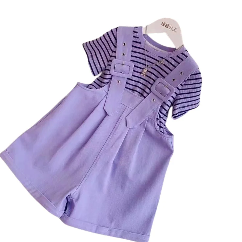 

Fashion Girls Clothes Sets Summer Striped Short Sleeve T-Shirt+Overalls Children Tracksuit 2Pcs Kids Candy Color Clothing Suit