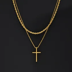 Stainless Steel Cross Pendant Necklace Set - Twisted Rope Chain Choker Fashion Jewelry (Gold)