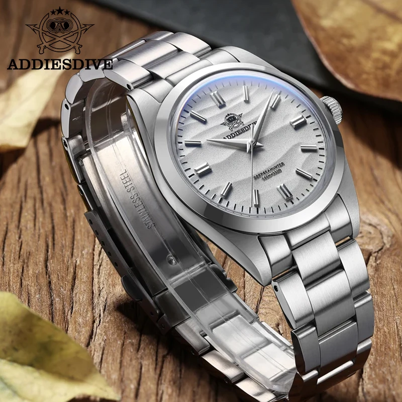 ADDIESDIVE AD2030 Elegant Men's Quartz Watch 36mm StainlessSteel Sand Dial 100M Waterproof Wristwatch Dress Dive Watches for Men