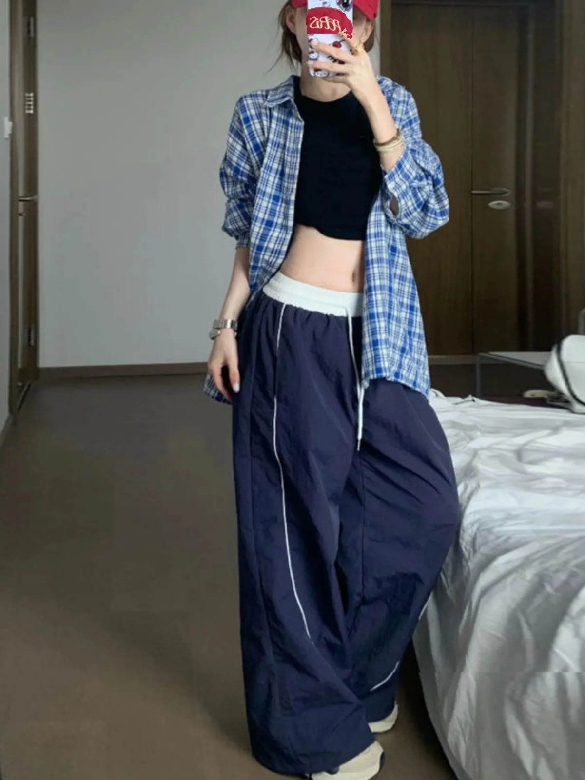 American Sle Work Pants Women's Summer Qui Dry Patchwork Red Wide Leg Pants Jazz Dance Casual Pants High Waist Long Pants