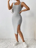 Women Summer Style Knitted Suspender Dress Lady Sleeveless Square Collar Side Slit Skirt Dress Vestidos 1