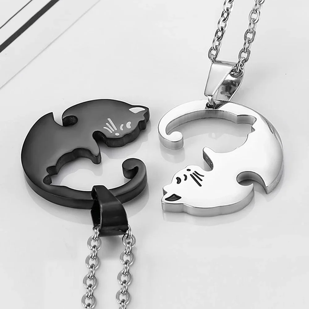 Colliers de Couple deux chats, bijoux en acier inoxydable, noir et blanc, pendentif Animal chaton, ras du cou, cadeau d'amitié pour amoureux_voghion.com