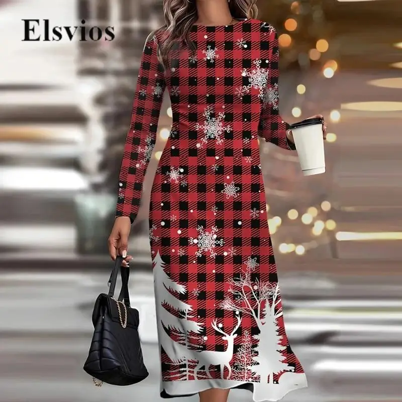 

Christmas Plaid Elk Snowflake Print Slim A-Line Dress Fashion O Neck Long Sleeve Party Dess Women Casual Loose Pullover Dresses