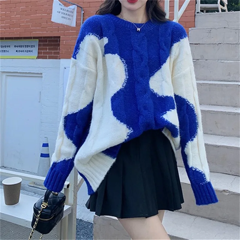 

Contrst Color Vintage Knit Sweaters Fashion O-neck Long Sleeve Loose Pullovers Female 2023 Autumn Winter All-match Jumper T433