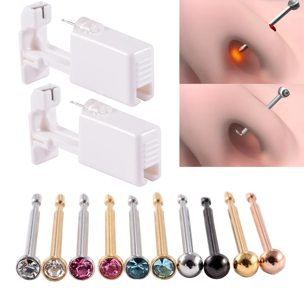 2 Pcs Painless Nose Piercing Kit With 10 Pcs Nose Studs Disposable