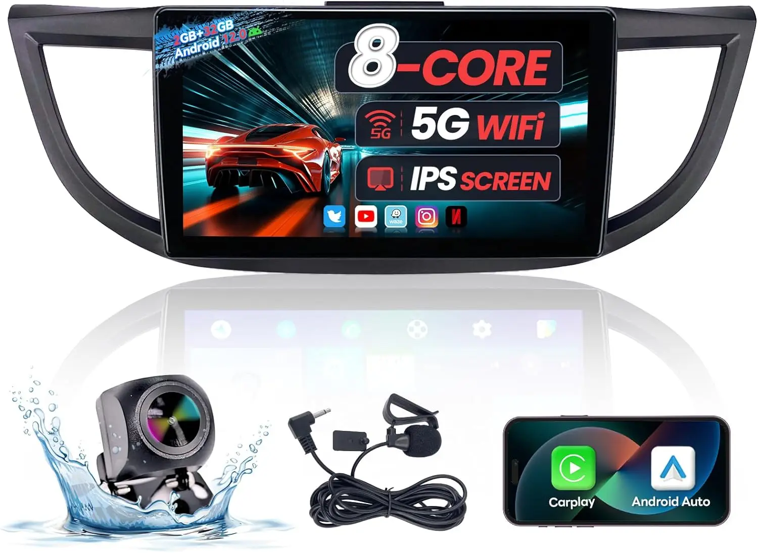 For CRV 2012-2016 5G WiFi 10" Touch Screen Car Stereo with Wireless Carplay Android Auto GPS Navigation Mirror Link BackupCamera