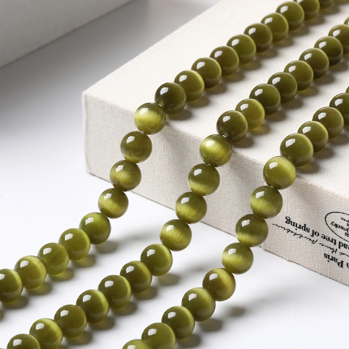 Natural Olive-Green Cat Eye Stone Beads for Jewelry Making, 15 Strand