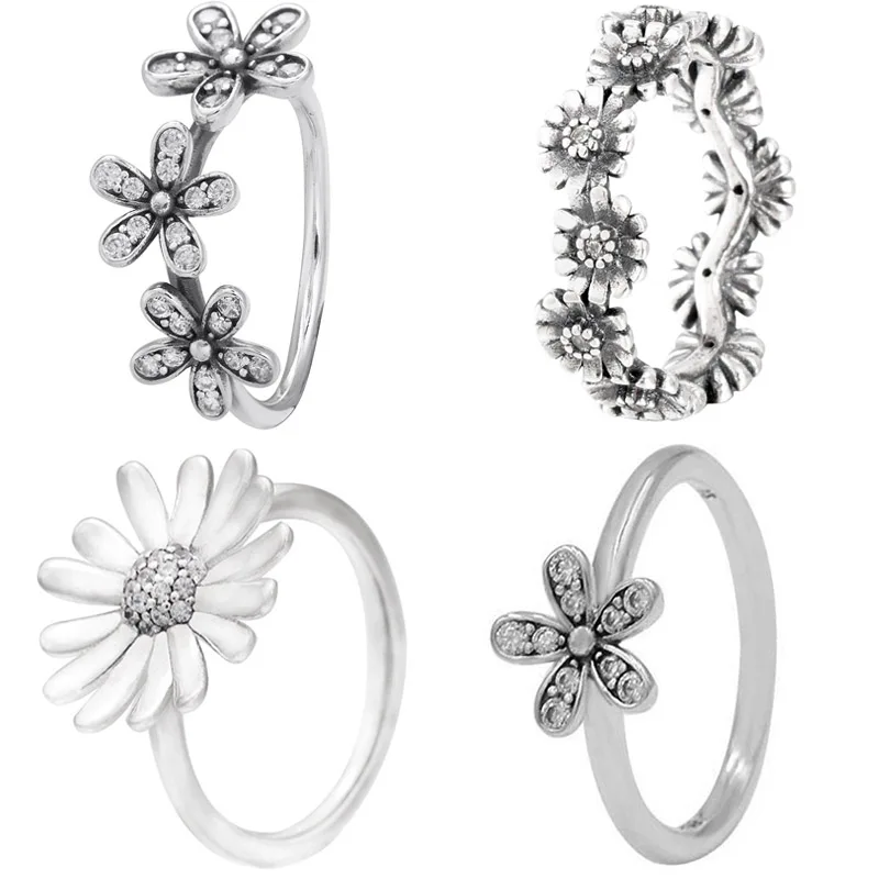 Original 925 Sterling Silver Dazzling Daisy Flower Statement Crown Freedom With Crystal Ring For Women Gift Popular DIY Jewelry