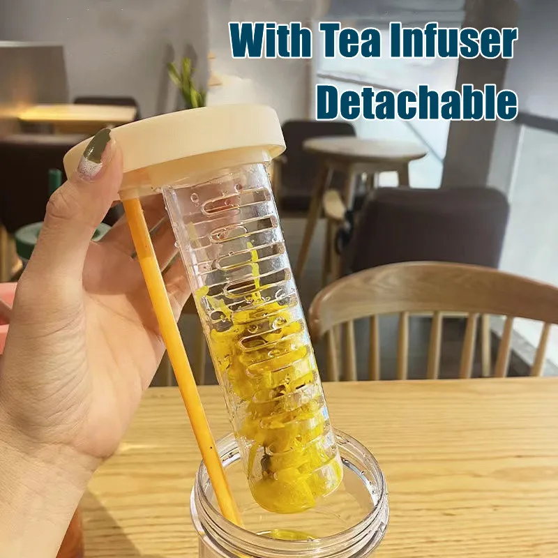 700ML Folding Straw Cup Transparent Large Capacity Water Bottles Portable Juice Cups Lemon Filter Cute Drinking Bottle for Girl