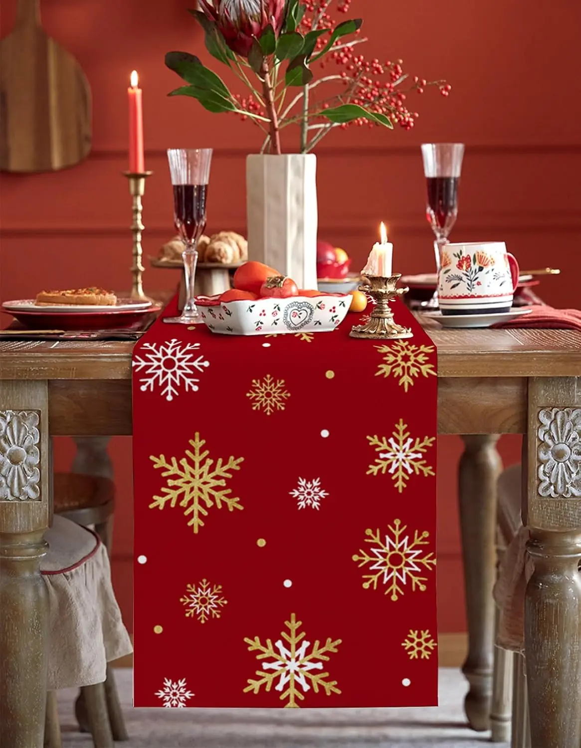 Christmas Gold Snowlfakes Linen Table Runner Holiday Party Decor Winter Xmas Kitchen Dining Table Runners Christmas Decorations 2