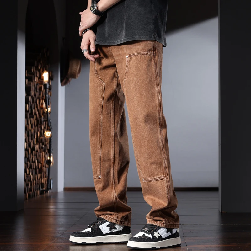 Baggy Cotton Men's Wide Leg Pants Brown Jeans Summer Casual Loose Denim Trousers CP2272
