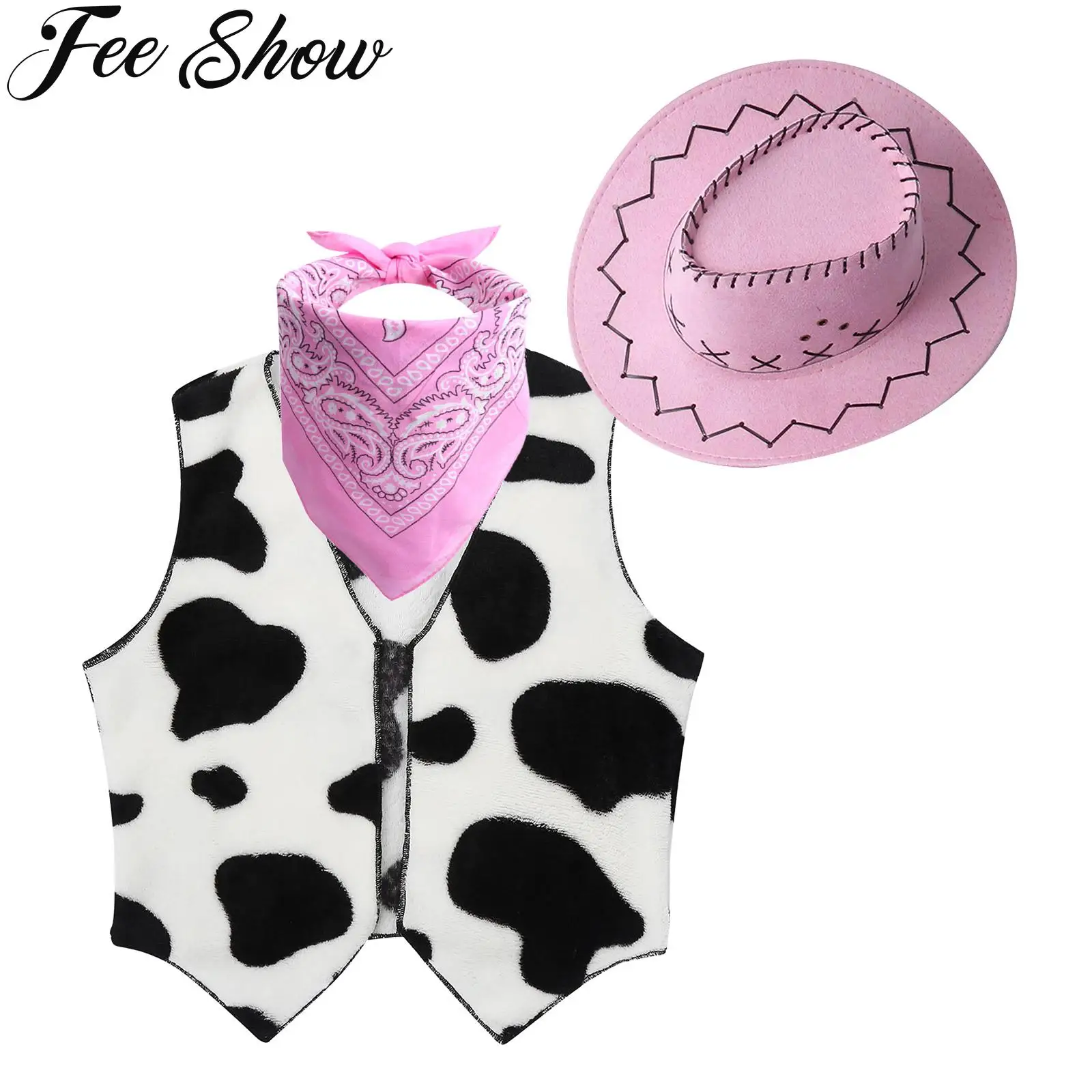 

Cowboy Cowgirl Cosplay Costume Sleeveless Cow Print Vest Tops with Bandanna and Felt Hat Halloween Festival Theme Party Dress Up
