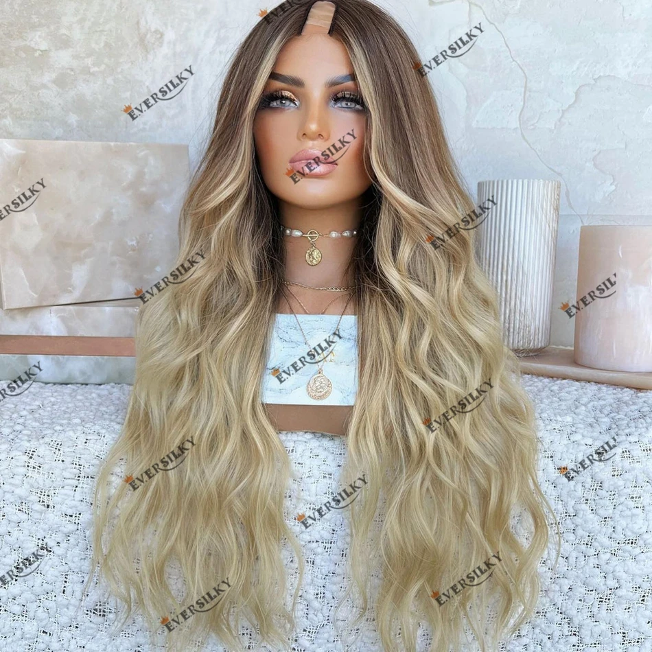 

Glueless Highlight Ombre Brown Blonde Human Hair U Part Wig for Women 200 Density Remy Brazilian Hair V Part Wig Easy Install