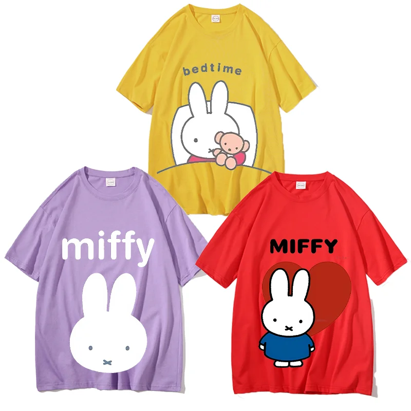 Miffy Kawaii Cartoon Print Candy Color Cotton T-Shirt – Adults Casual Summer Short Sleeve Fashion Top Gift