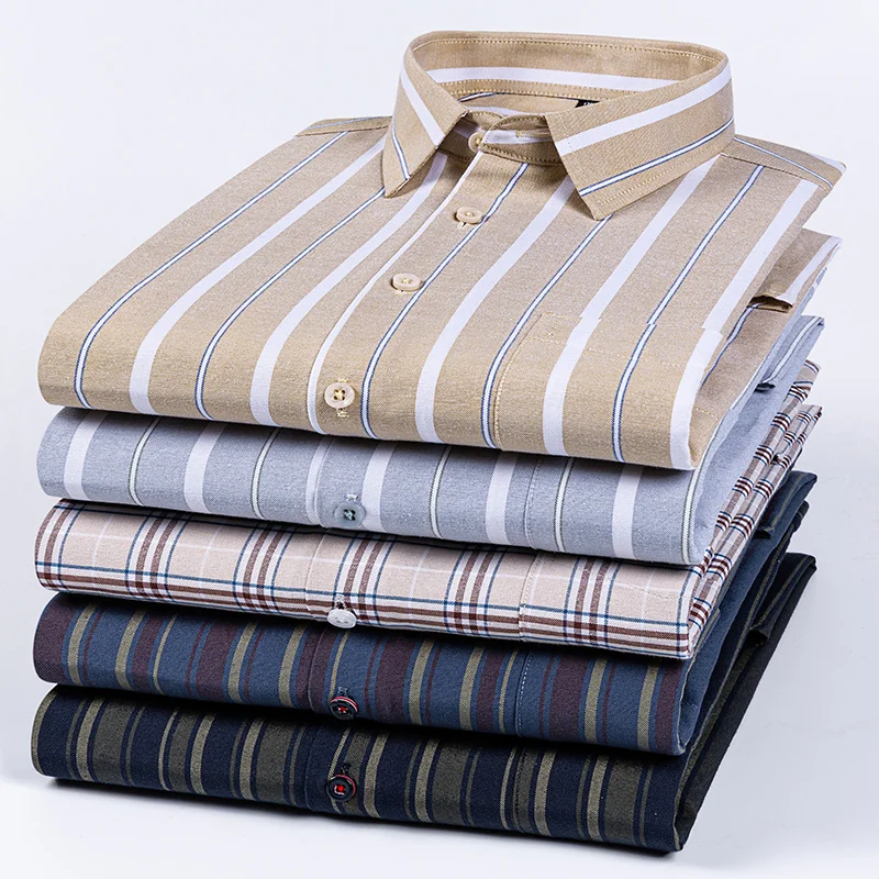 Men's Plus Size Long-Sleeve 100% Cotton Slim Fit Formal Shirt - Soft Plaid and Striped Design