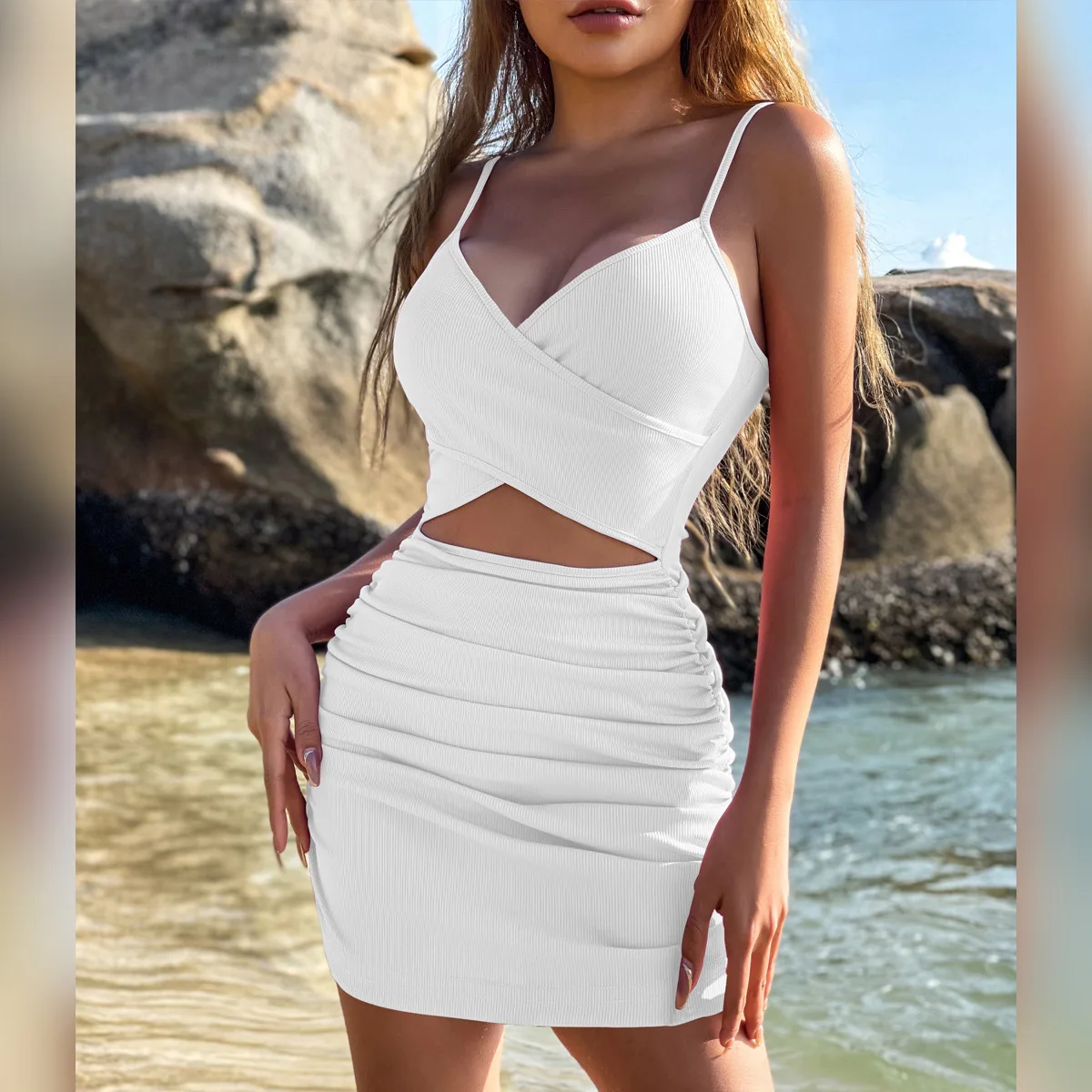 Frauen Sexy Ausschnitt, Figurbetontes Kleid, Euro-Stil, Kreuzrücken, Träger, aushöhlen, Nachtclub, Party, Abend, Outfit, schmale Passform, dehnbares Kleid – Detail 6