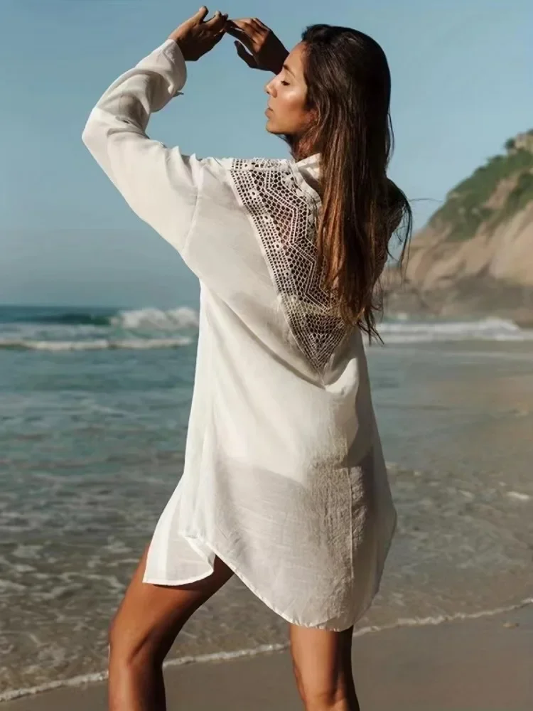 White Beach Cover Ups for Siwmwear Women Flower Lace Shirts Tunic Long Sleeve Summer Holiday Bathing Suits Hot Sales 3