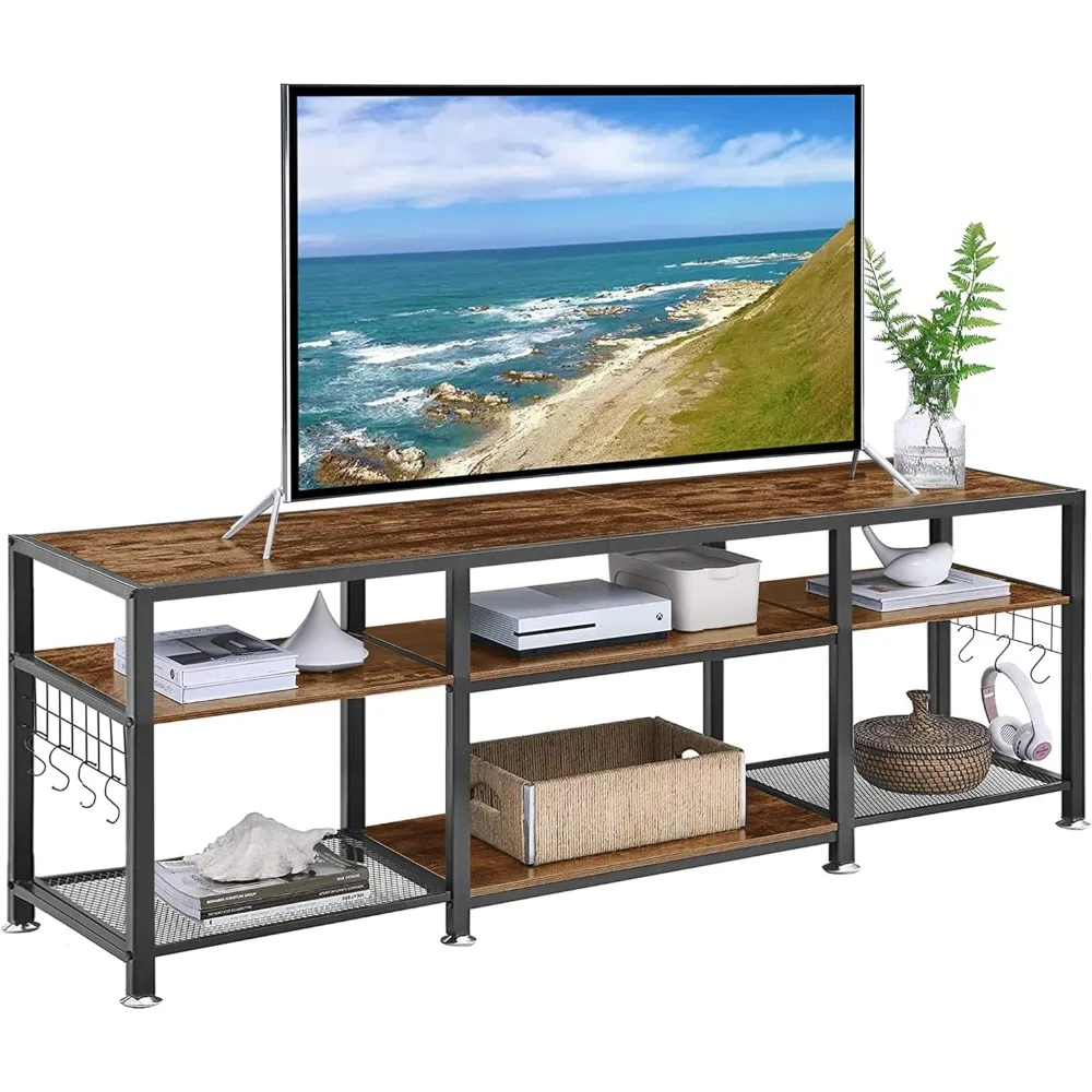 TV Stand for Televisions up to 75 Inch, Industrial Entertainment Center with 3-Tier Open Storage Shelves& Hooks for Living