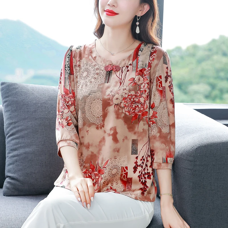 

Round Neck Seven-point Sleeves High-end Imitation Silk Shirt Retro National Style Middle-aged Mothers Summer Women Shirt T522