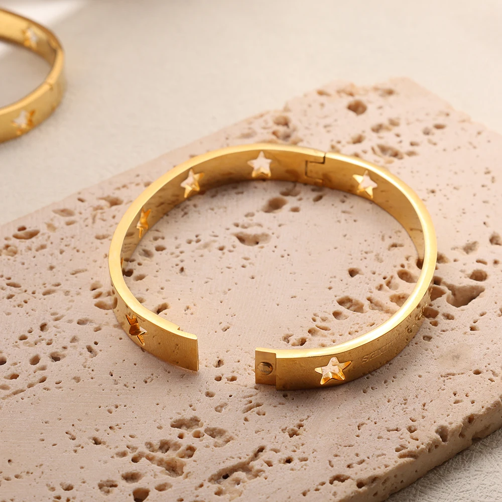 JINHUI STARS ALL ALIGNED BRACELET SET Stainless Steel Smooth Hollow Star Bangle For Women Metallic Gold Color Waterproof Jewelry 6
