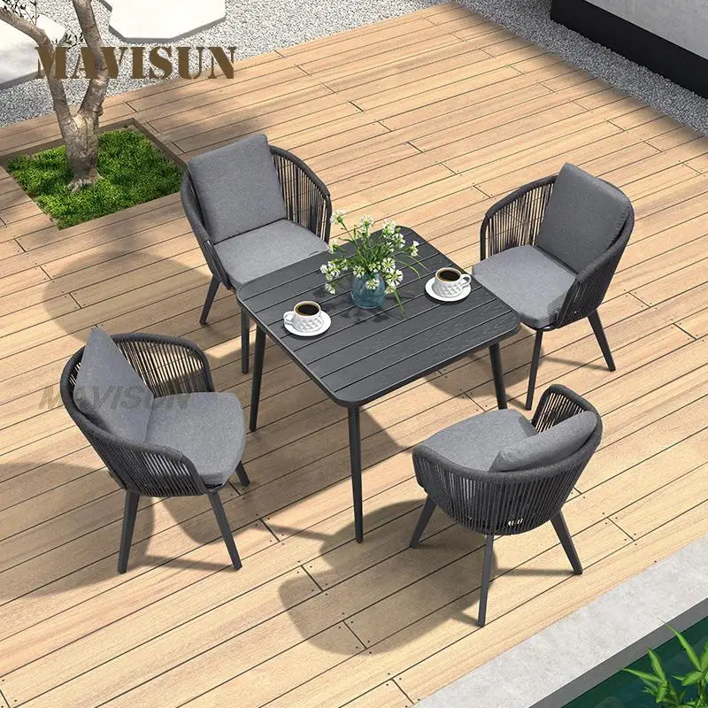 New Terrace Table And Chair Combination Outdoor Plastic Wood Dining Table With Rope Woven Aluminum Frame Leisure Garden Chair