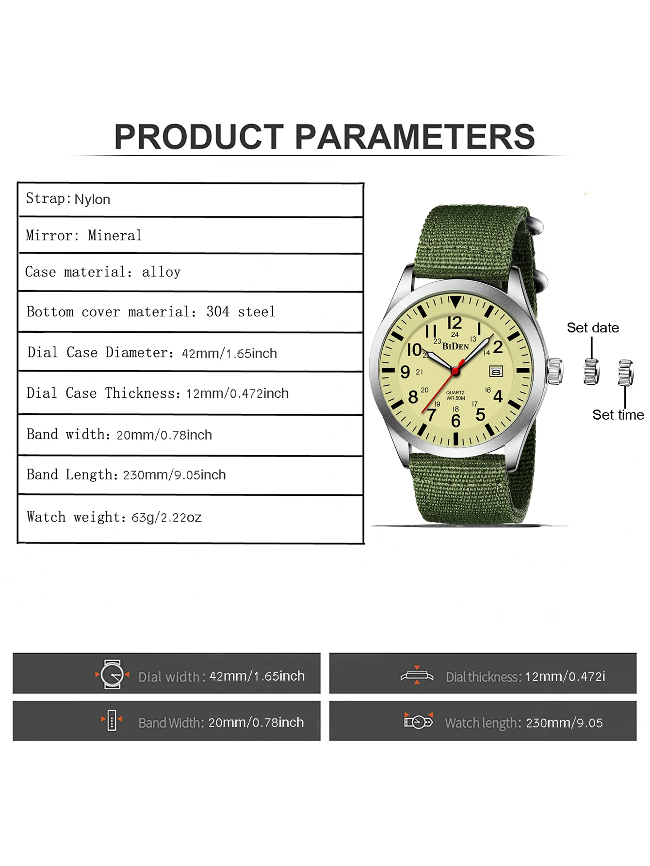 BIDEN Men's Watch, Fashion, Casual, Sports, Nylon Strap, Calendar, Waterproof Quartz Watch, Free Gift Box 6