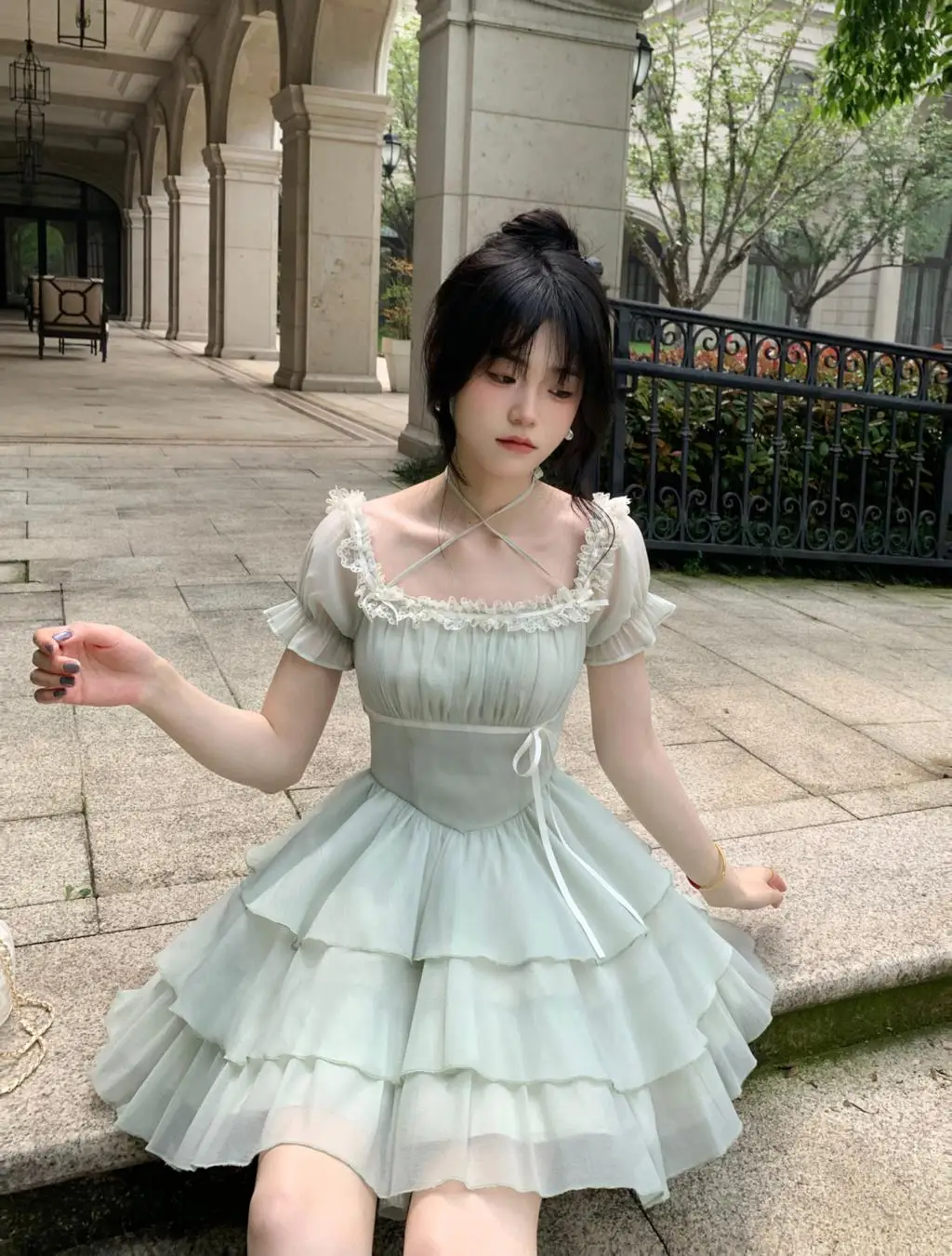 Y2K Princess Birthday Party Dress Lace Patchwork Short Dresses for Women Puff Sleeves Ruffles A-line Cake Vestido Mujer New