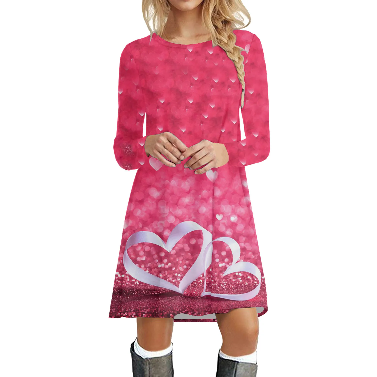 

Women Casual Fashion Valentine's Day Print Round Neck Long Sleeve Tunic Dress Boho Beach Dresses Bohemian Print