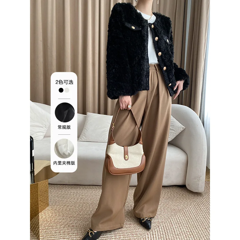 Jacket Women's Solid Color Cotton Thickened Warm Basic Color Short Lambswool Plush round Neck Splicing Coat AutumnWinter Fashion