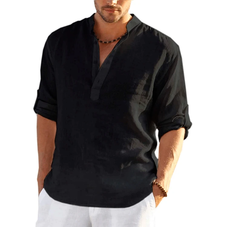 

Fashion New Men's Linen Long Sleeve T-shirt Loose Shirt Solid Color Long Sleeve Cotton Linen Shirt