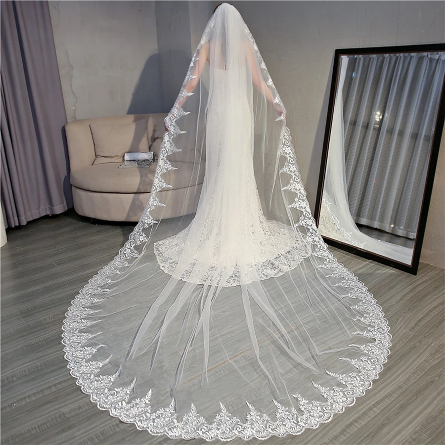 

New Arrival Ivory Long Full Edge Lace Wedding Veil One Layer Tulle Bridal Veil with Comb Wedding Accessories Veu De Noiva