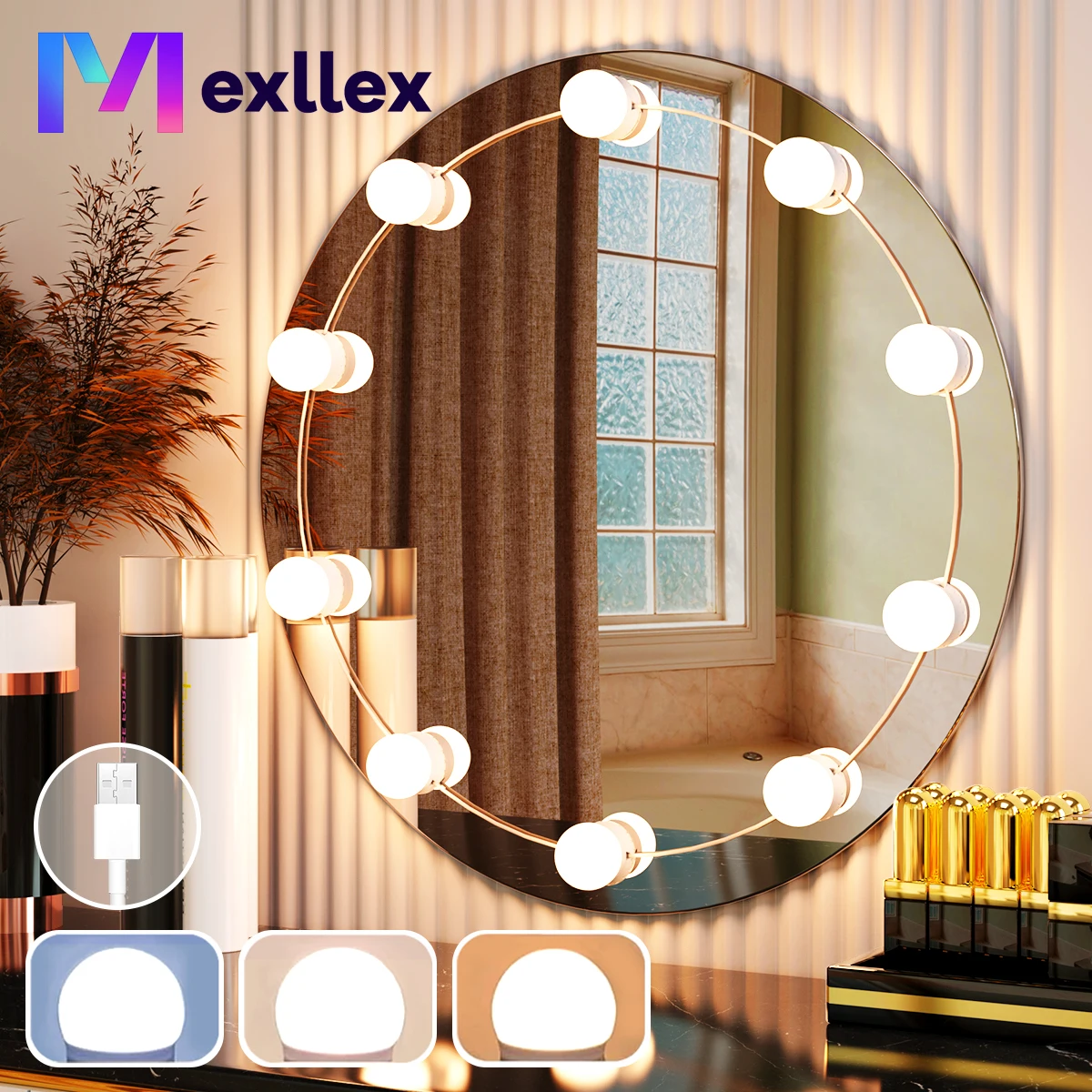 Mexllex LED Vanity USB Light for Mirror with 10 Dimmable Bulbs 3000/4000/6500K & Brightness Adjustable for Makeup Dressing Room
