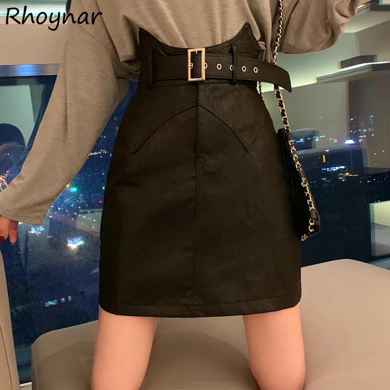

PU Leather Skirts Women Korean Style Fashion Autumn Winter High Waist Mini Black Female A-line Vintage Sashes Elegant Office Ins