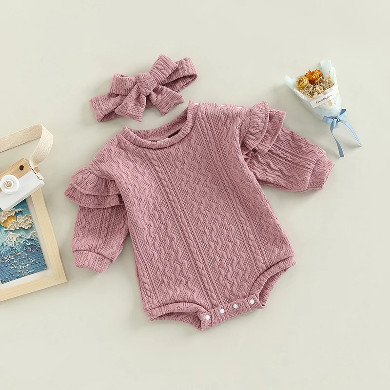 Baby Herbst Winter Pullover Warme Bodys Kleidung Neugeborenen Jungen Mädchen Solide Strick Rüschen Langarm Baumwolle Overalls Stirnband