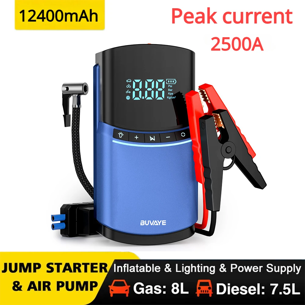 

12400mAh Car Battery Starter 12v Automotive Battery Charger 4 in 1 Jump Starter Air Pump 150PSI 2500A Device Digital Tire Inflat