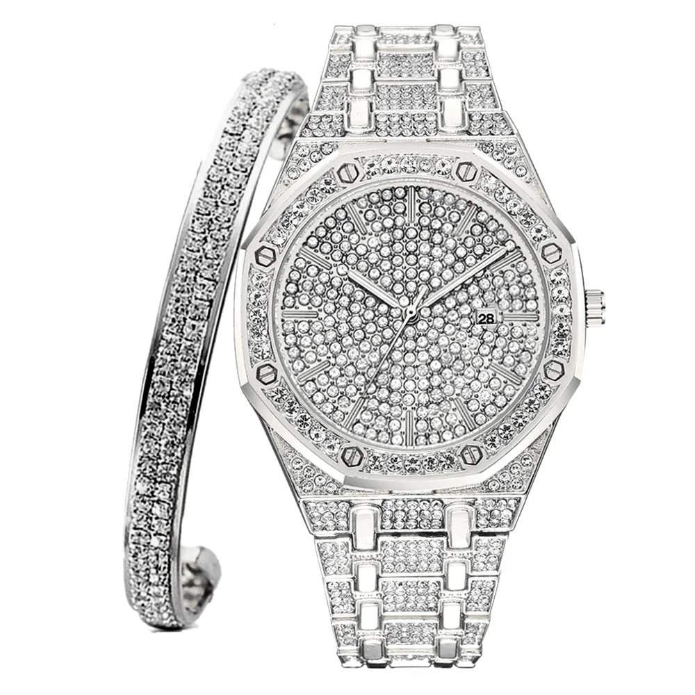 2PCS Iced Out Watch for Women Simple Charm Bracelet Fashion Luxury Sliver Gold Watch Diamond Jewelry Women Set Gifts Reloj Mujer