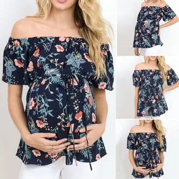 New Womens Clothing Plus Size Tees For Pregnant Women's Short Sleeve Tops Breastfeeding Off Shoulder Floral T-shirt Maternity 1