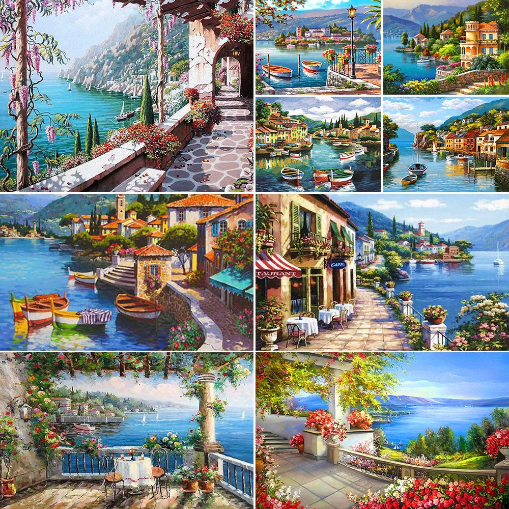 Description Picture 2 of itemLandscape Seaside Town Pre-Printed Cross-Stitch Embroidery Full Kit Knitting Painting Craft Needlework Package Room Decor Needle