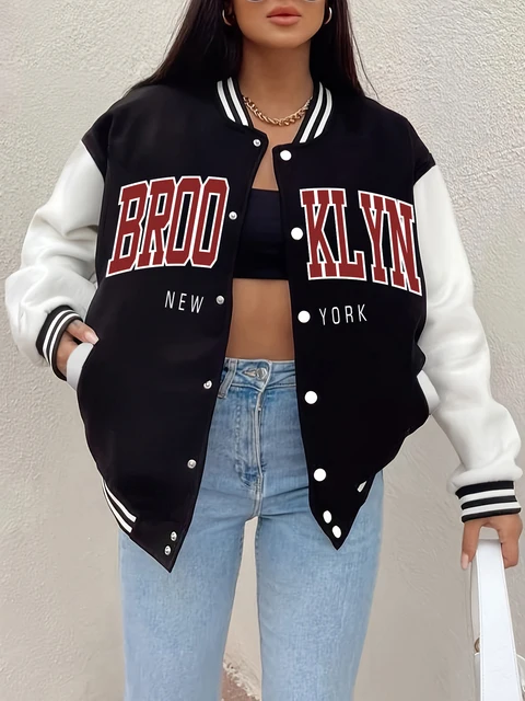 Brooklyn New York 1898 Art Letter Print Baseball Jersey Female Button Fleece Jacket Autumn Casual Clothes Loose Sportswear Women