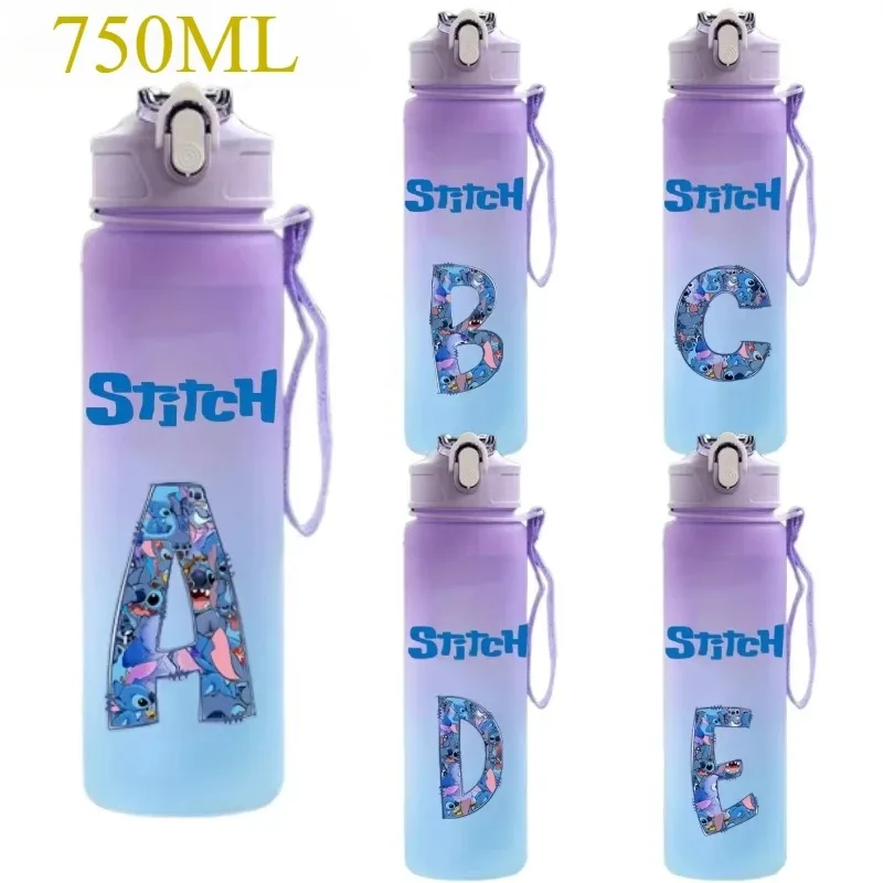 750ML Lilo Stitch Straw Water Cup Letter 26 English Letters A-Z Purple Blue Water Bottle Outdoor Travel Office Jugs Gifts 2