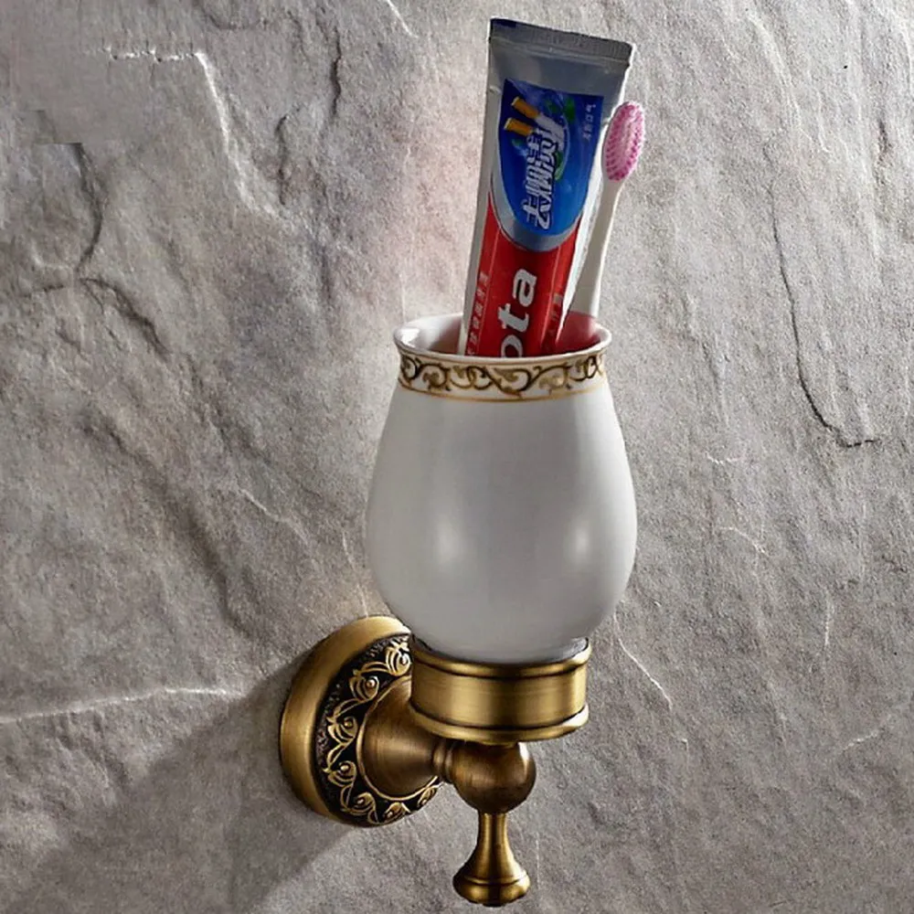 Wall Mounted Cup & Holders Antique Brass Glass Cups Toothbrush Holder Bath Hardware sets Single Cup Holder Nba497