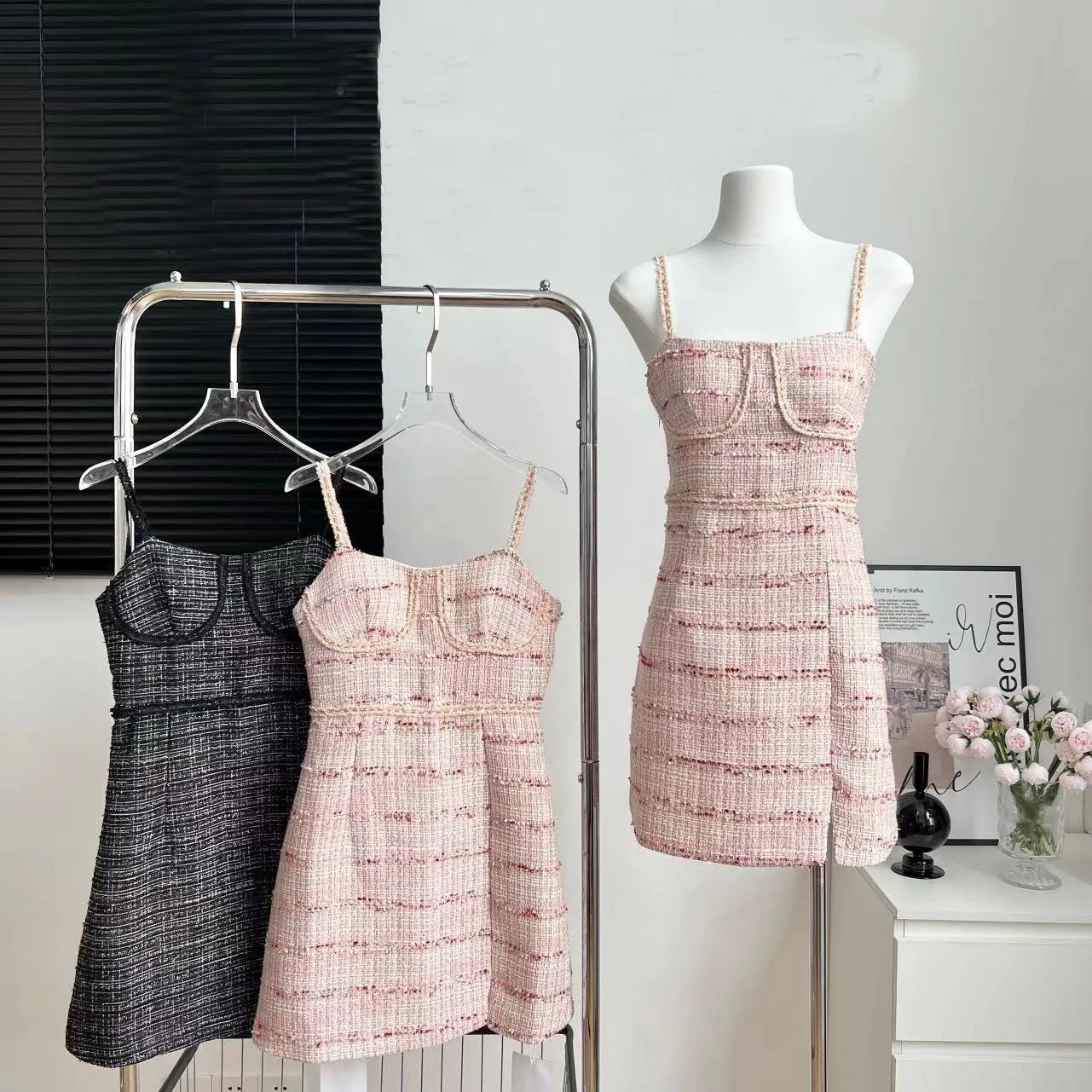 

Women's Elegant Strap Tweed Mini Dress Lady Summer Chic Sleeveless Slim Split Short Dress