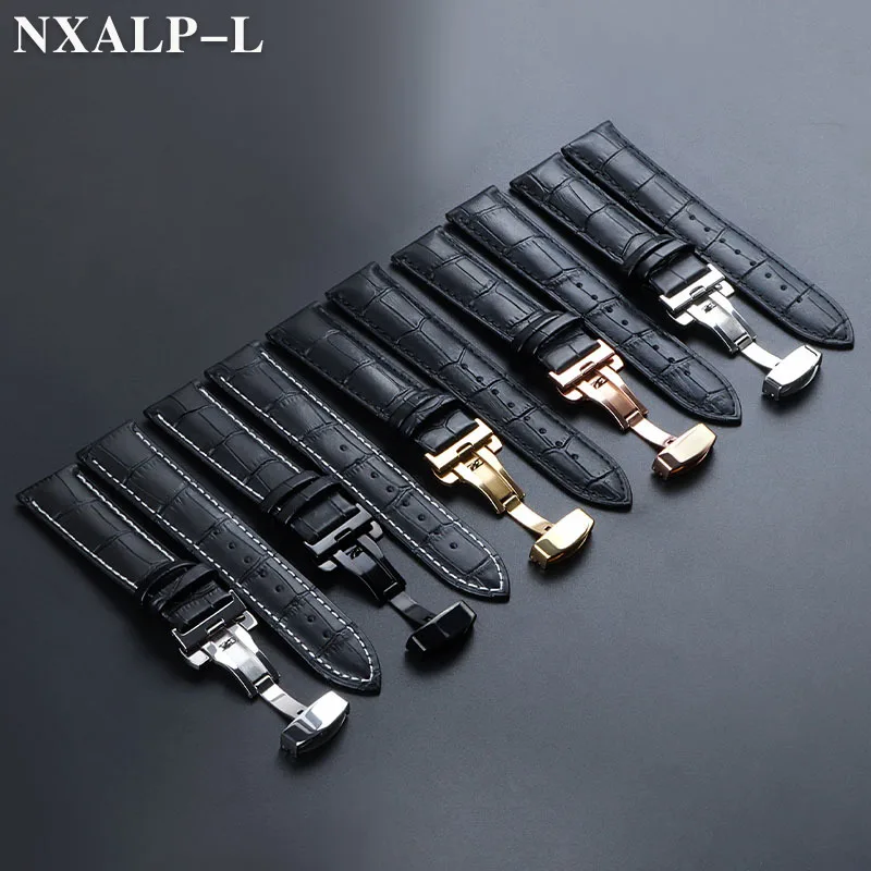 Luxurious Genuine Leather Watch Strap with Elegant Butterfly Clasp and Wooden Gift Box