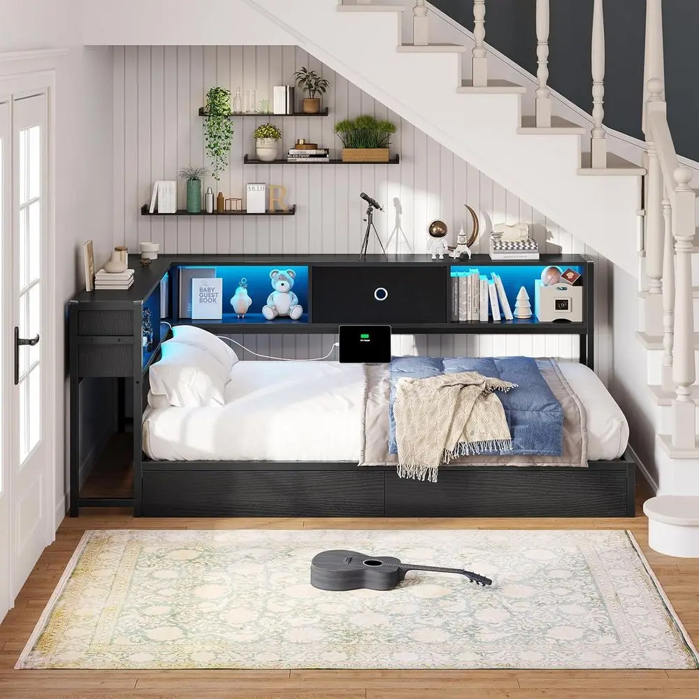 Twin Bed with Storage Drawers, Bookcase, Charging Station, LED Lights, and Daybed for Kids & Teens in Black 2