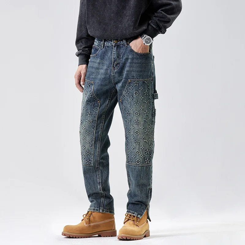 New Spring Men's Jeans Denim Pants for Men Vintage Printing y2k Clothing Casual Pants High Street Straight Pants