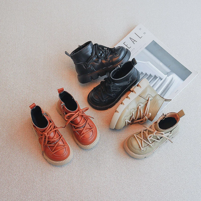 

Leisure Children Spring Autumn Unisex Classic Lace-Up Boots Quality PU Leather Shoes Kids Girl Boy Ankle Boots Size 21-36