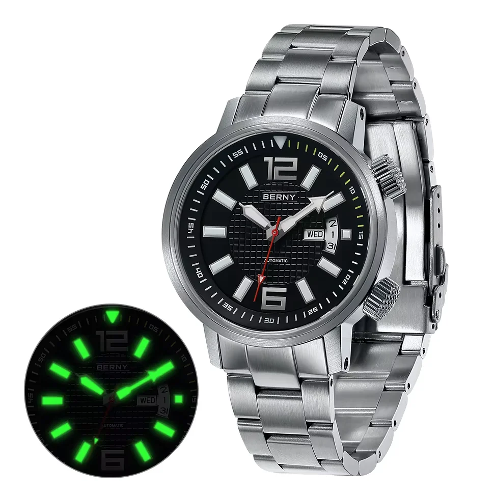 BERNY Orologio Meccanico Automatico Uomo – Movimento MIYOTA 8205, Vetro Zaffiro, Impermeabile 5ATM, Calendario