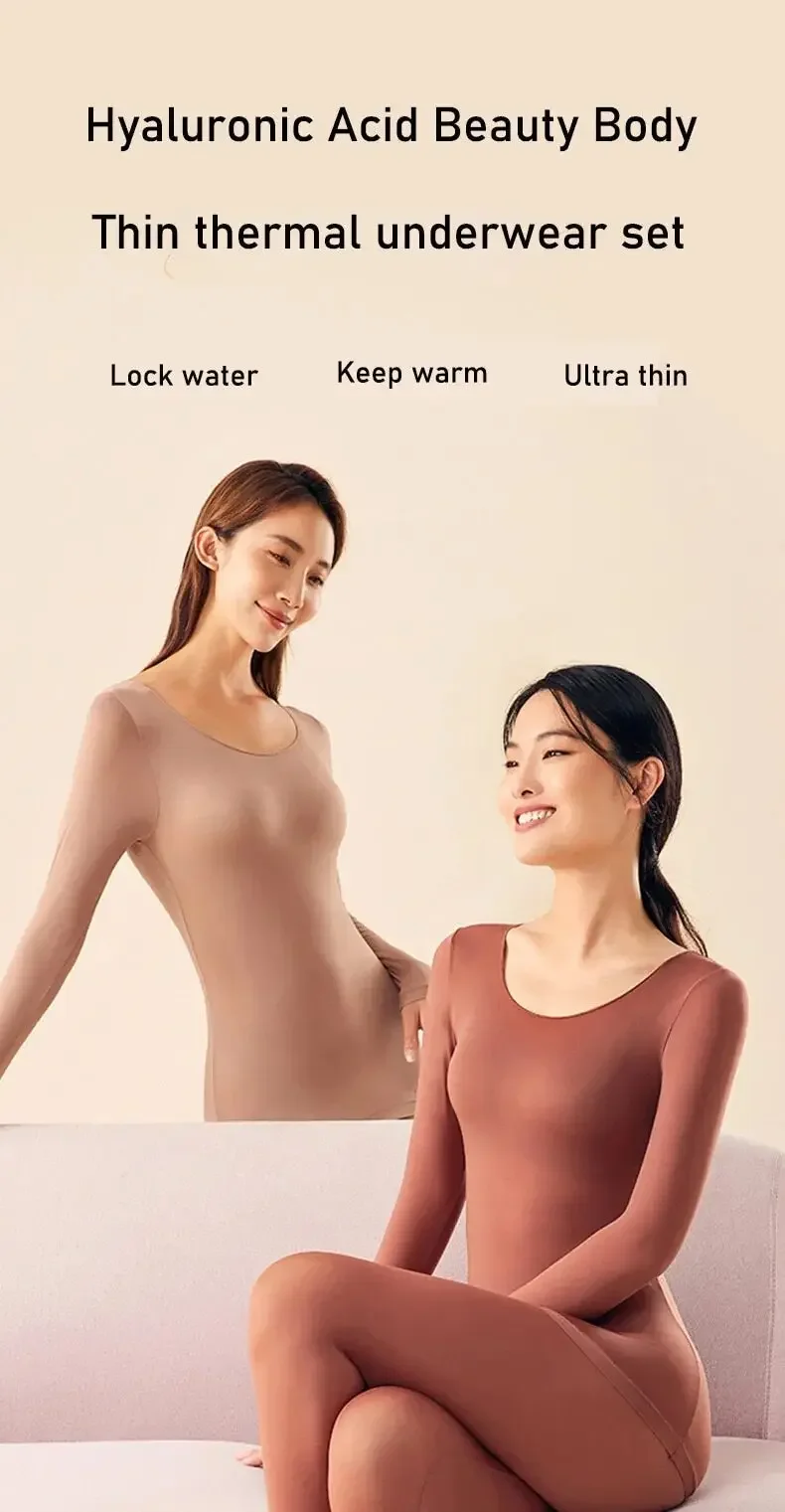 Description Picture 2 of item2pcs Set Women Thermal Underwear Long Sleeves Bottoming Shirt Pullover Elastic Casual Solid Winter Ladies Basic Thermal Suits