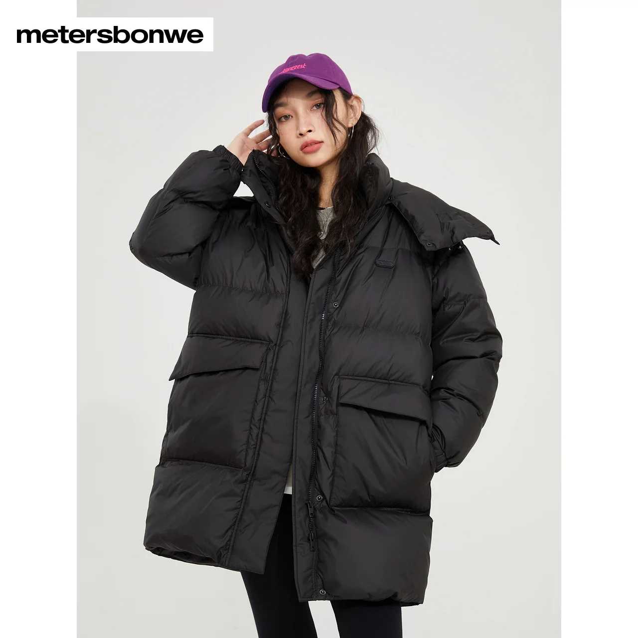 Metersbonwe Women's 22New Winter Remove Scarf Collar Buckle Medium Length Standing Cllar Down Jacket Pure Color Thick Warm Wear